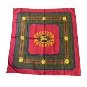 Burberrys Knight Pattern Red x Green x Golden Pure Silk Scarf